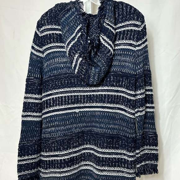 NWT FYLO London Women’s Size Large Blue White Fringe Long Hooded Stripe Sweater - Picture 8 of 8